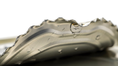 A close-up view of a damaged silver can lid with visible water droplets and a serrated, torn edge.