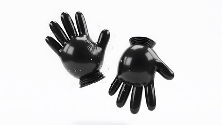 With showing glossy black cartoon hands with water droplets floating around them on a white...の写真素材