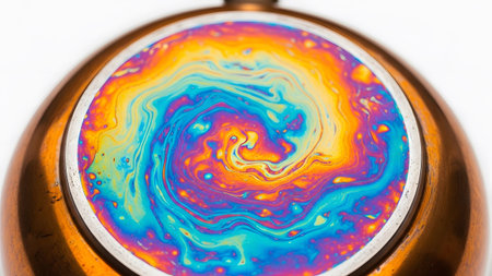 Close-up of colorful swirling soap bubble on copper pot rim. resolution