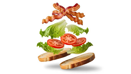 Sandwich showing deconstructed sandwich ingredients levitating against a white background.の写真素材