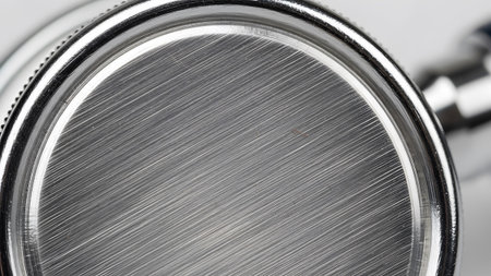 View showing detailed view of a brushed metal stethoscope chestpiece with circular texture and...の写真素材