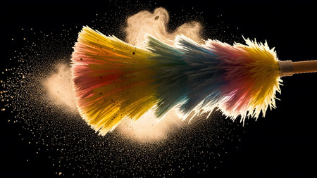A vibrant multicolor feather duster scatters fine orange powder in a dynamic burst against a...
