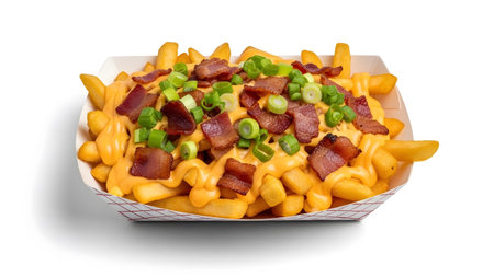 French fries loaded with melted cheese sauce, crispy bacon bits, and chopped green onions.