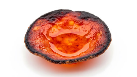 Stock showing cooked slice of chorizo sausage with rendered oil in the center. resolution...の写真素材