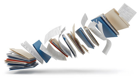 Folders showing dynamic arrangement of floating folders and documents in various colors.