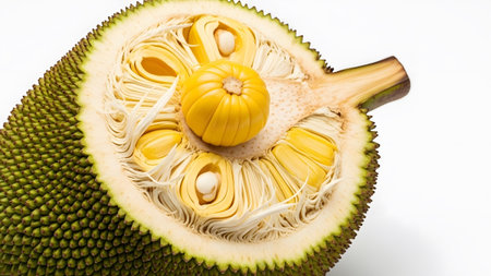 A halved green jackfruit its yellow fleshy bulbs and white seeds against a white background.