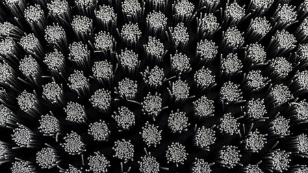 Close-up showing extreme close-up of a dark bristled brush head showing a dense pattern of fine...