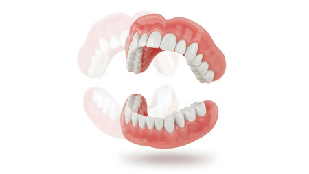 A full set of upper and lower dentures with pink gums and white teeth floats on a white...