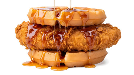 Entire showing crispy fried chicken breast sandwich between two golden waffles drizzled with...の写真素材