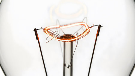 Structure showing detailed close-up of the glowing filament and internal structure of an...