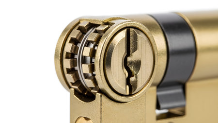 A detailed macro view of a brass lock cylinder showing the keyhole, tumblers, and internal...の写真素材