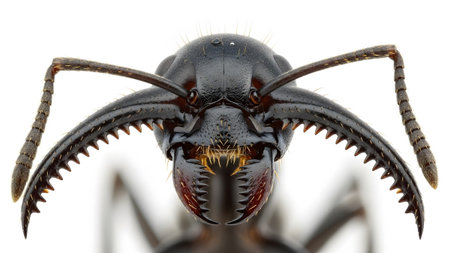 Stock showing extreme macro of black ant head with sharp mandibles and antennae on white.