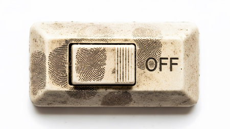 Vintage showing dirty vintage light switch with fingerprint smudges and off label on a white...