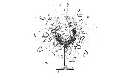 Glass showing exploding wine glass shattering into many sharp fragments and water droplets on...の写真素材