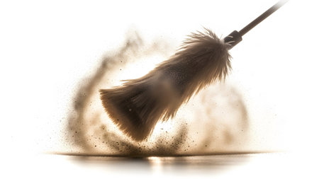 Particles showing dusting brush scattering particles against a bright white background with...