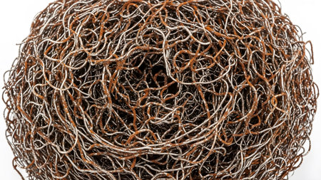 Messy showing extreme close up of a tangled ball of rusty wire scouring pad with intricate loops...