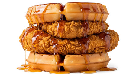 Sandwich showing fried chicken sandwich stacked between two waffles drizzled with golden syrup...の写真素材