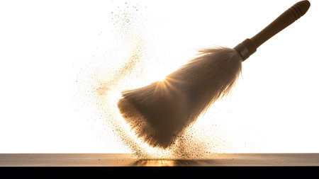 Stock showing dusting brush with wooden handle actively sweeping dust off a surface with light...