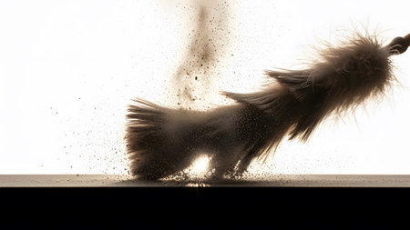 A cleaning brush creates a dramatic dust cloud on a dark surface, illuminated by bright...