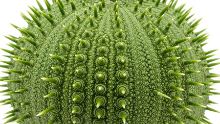 Extreme close-up of a textured green sea urchin shell, showcasing numerous sharp, pointed spines...