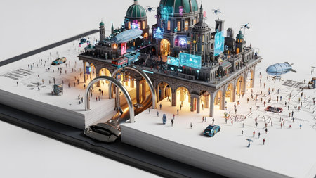 Open showing futuristic city diorama on an open book with miniature people and vehicles.の写真素材