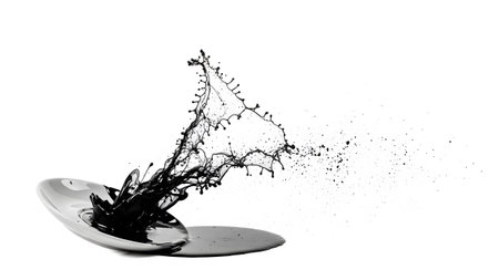 A dynamic splash of black liquid frozen in motion as it erupts from a reflective silver plate.の写真素材