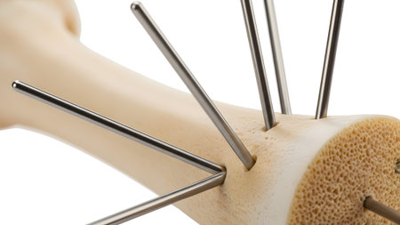 Shaft showing medical bone model with surgical pins inserted into the shaft and cross-section....