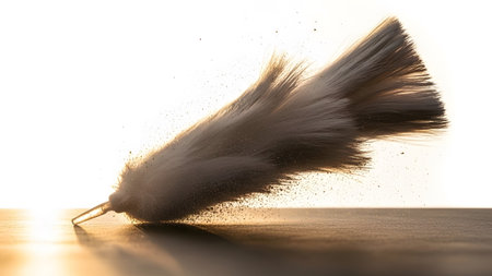 A feather duster with dust particles exploding outwards against a bright white sky with sun flare.