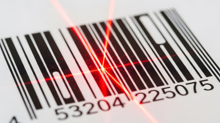 Several vibrant red laser beams cross over a black and white barcode, illuminating the numbers...