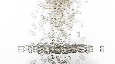 A large quantity of transparent gelatin capsules fall into water, creating splashes on a white...の写真素材