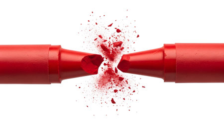 A bright red crayon is shattered in the middle, with a vibrant red powder explosion against a...の写真素材