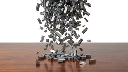 From showing numerous metal staples falling from above onto a polished wooden surface with a...