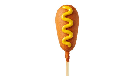 A fried corn dog coated in batter, topped with a wavy line of yellow mustard, presented on a...