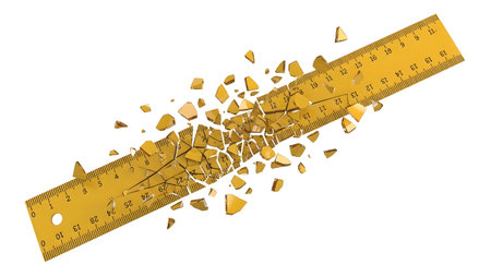 Against showing golden ruler shattering into many small golden pieces against a white...