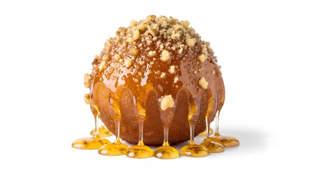 A round, golden-brown fried pastry generously drizzled with thick, dripping honey and topped...