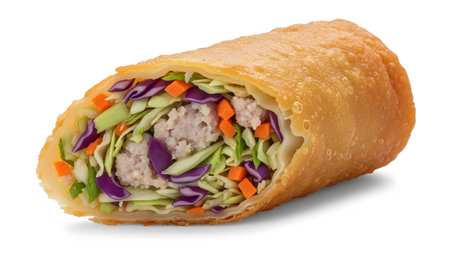 Stock showing golden brown fried egg roll filled with shredded cabbage, carrots, and ground meat...