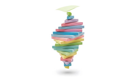 Precariously showing a colorful spiral stack of pastel colored sticky notes balanced......