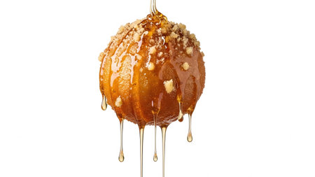 A single golden fried dough ball is generously coated in dripping honey and sprinkled with...の写真素材