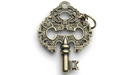 Geometric showing intricate geometric patterned antique key with ring and detailed bit on white...
