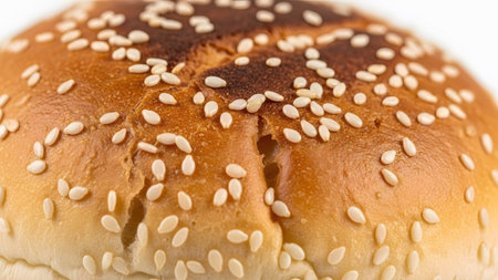A close-up of a golden brown hamburger bun generously sprinkled with sesame seeds and showing...