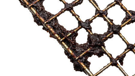 Stock showing macro of a dirty metal grill rack with thick dark burnt food residue and grease....