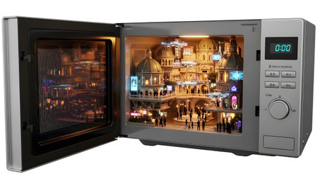 Interior showing microwave oven interior with miniature futuristic cityscape diorama.