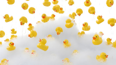 Rubber showing numerous yellow rubber ducks floating in white bubble bath foam. resolution...の写真素材