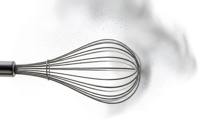 A metal wire whisk lies on a white surface with fine black powder particles scattered around it.