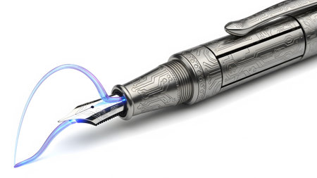 A detailed silver fountain pen with a circuit board emits a glowing blue ink stream.......