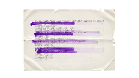 Stock showing old typed document with purple highlighter marks and torn edges. resolution...