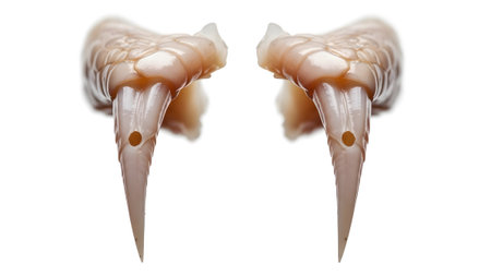 Stock showing pair of realistic vampire fangs with visible pores and holes on white.