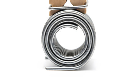 Tightly showing metal spring coiled tightly held by a wooden clothespin on a white background.の写真素材