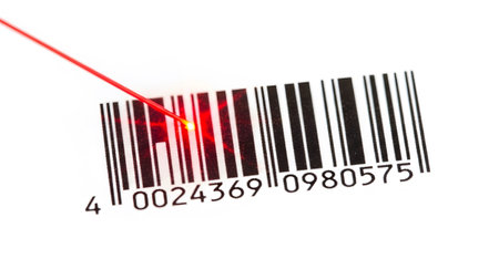 (74).png showing red laser beam scanning a black and white barcode with numbers on a white...