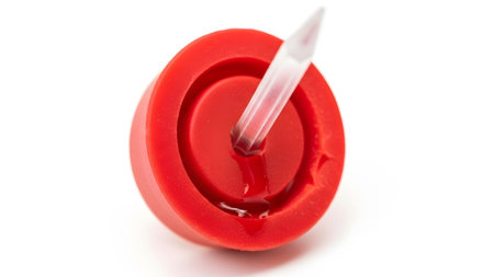 With showing red silicone cap with clear plastic spike and red liquid on white background.